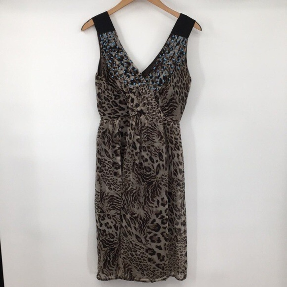 Robert Rodriguez Dress Womens 2 Tan Brown Silk Leopard Sleeveless Embellished